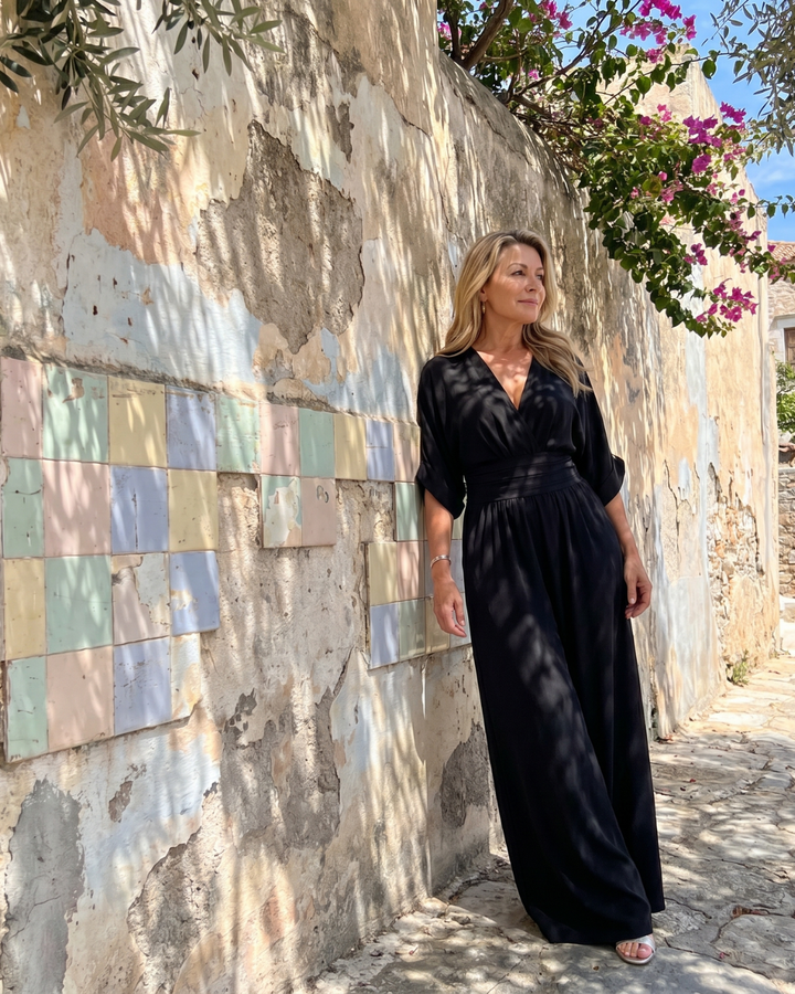 Ragnhild – Draperad overall med v-ringning och vida ben
