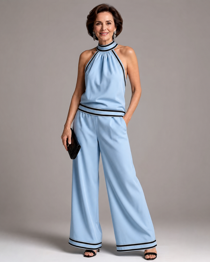 Therese – Overall med halterneck, vida ben och kontrastkant