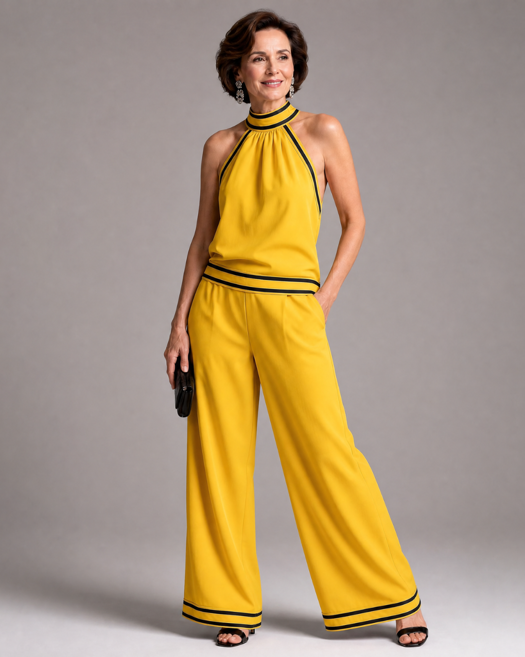 Therese – Overall med halterneck, vida ben och kontrastkant