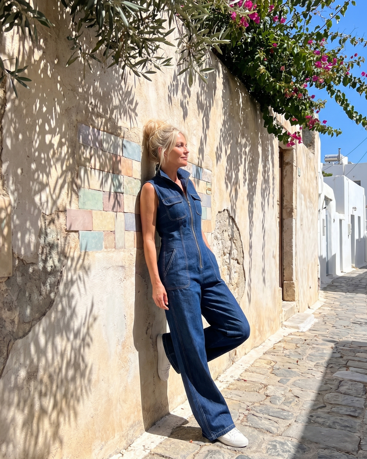 Stina – Ärmlös jeansoverall med dragkedja fram och vida ben
