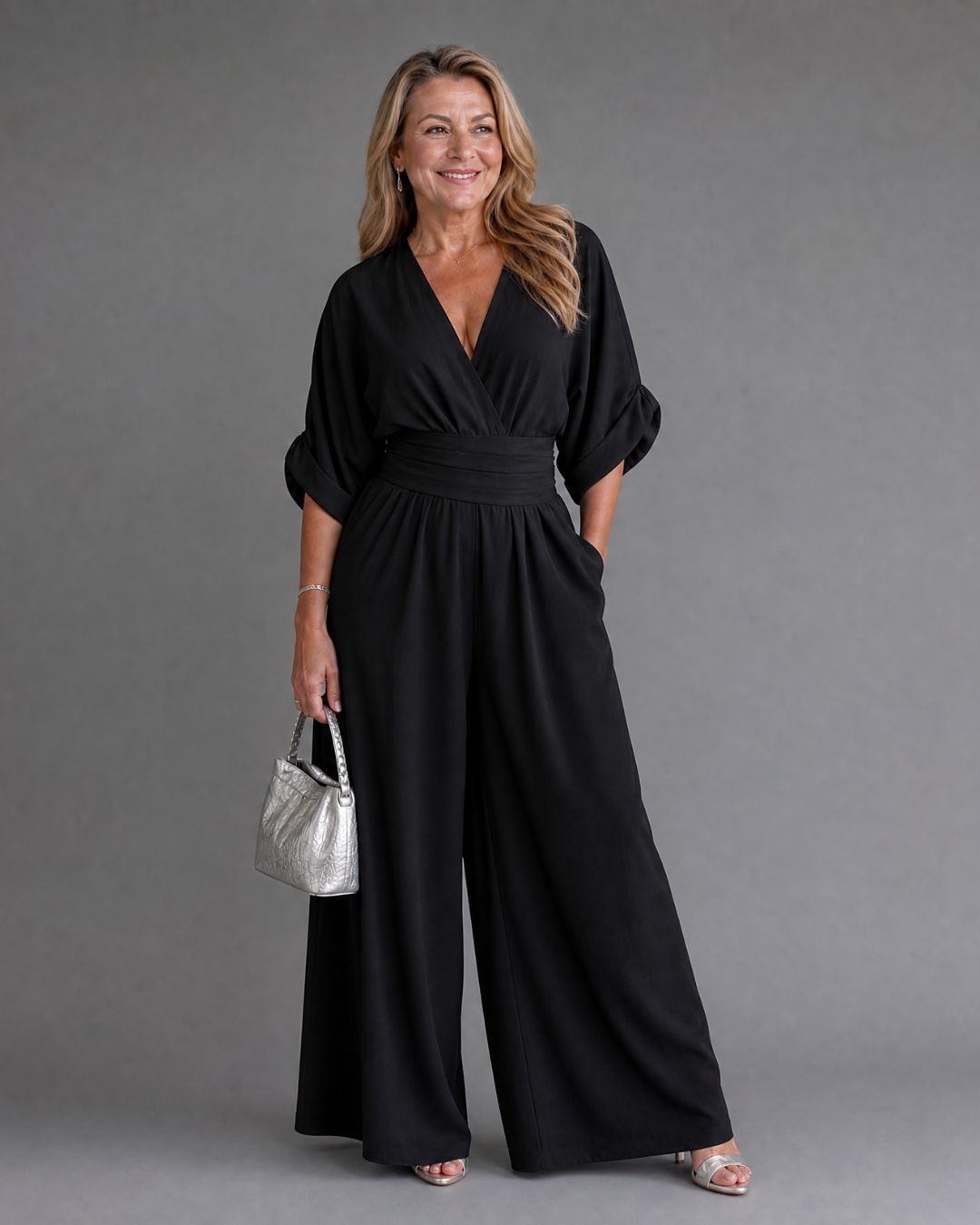 Ragnhild – Draperad overall med v-ringning och vida ben