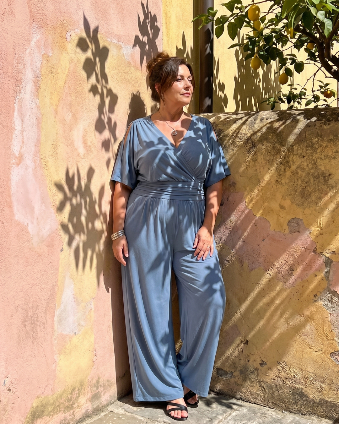 Tilda – Avslappnad overall med cold shoulder och omlottmidja