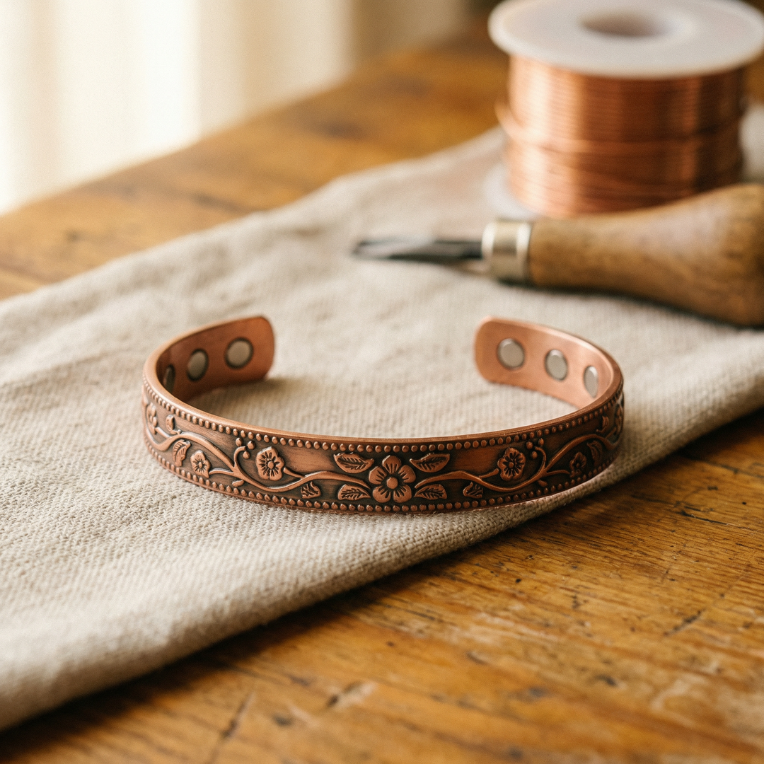 Siv – Handgraverat koppararmband med blommönster