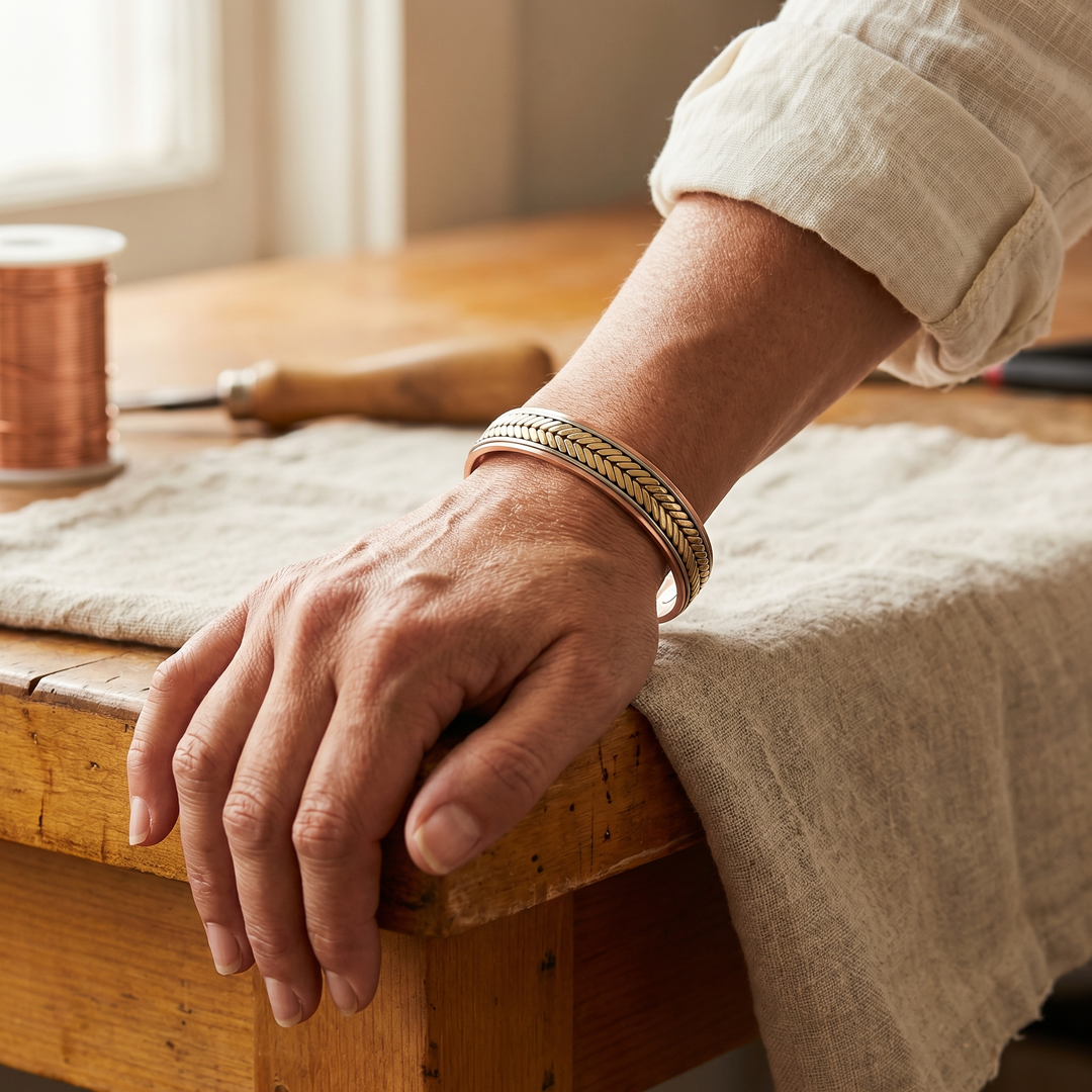 Jenny – Magnetarmband i koppar med flätad dekor