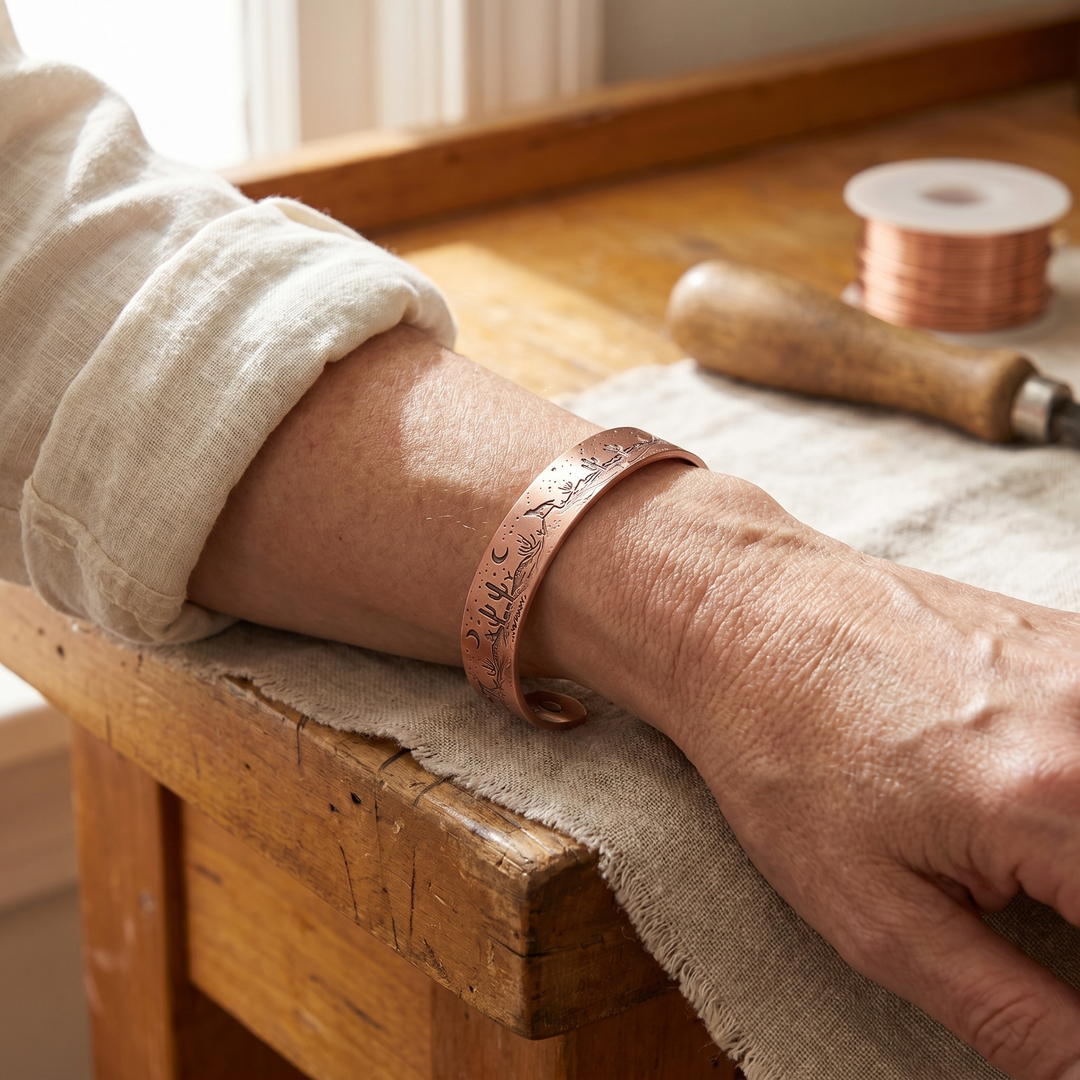 Judit – Handgraverat koppararmband med ökenmotiv