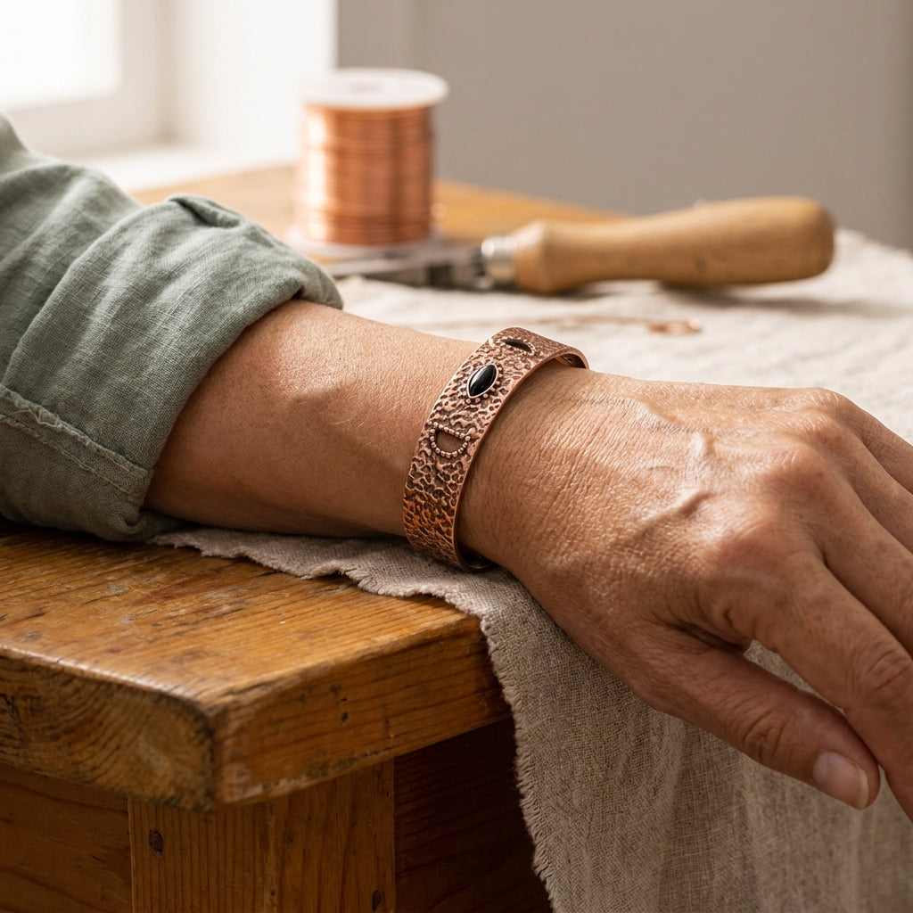 Disa – Handhamrat koppararmband med sten